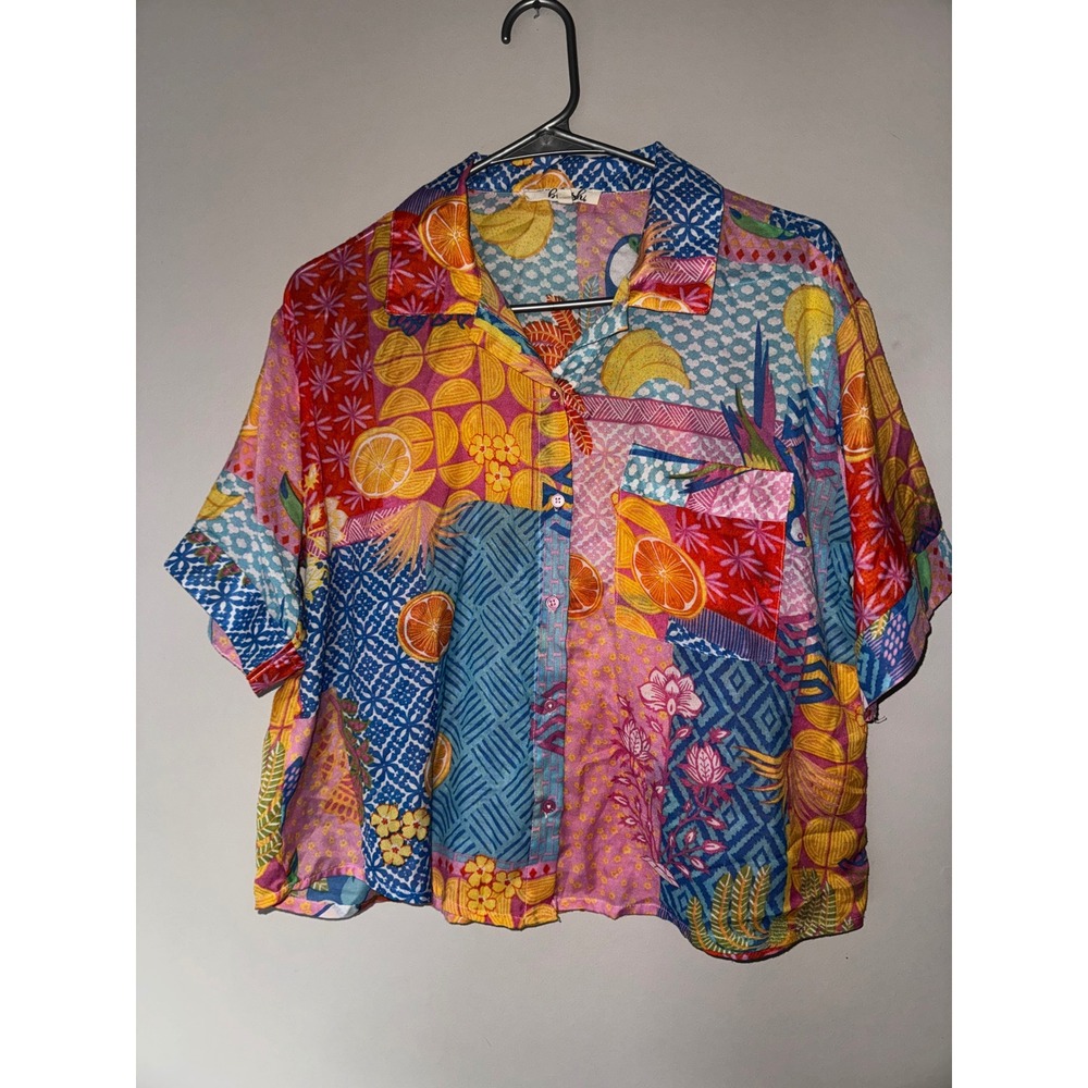 Hint of Blush Women Multi Color Tropical Patchwork Crop Button Down Shirt Large